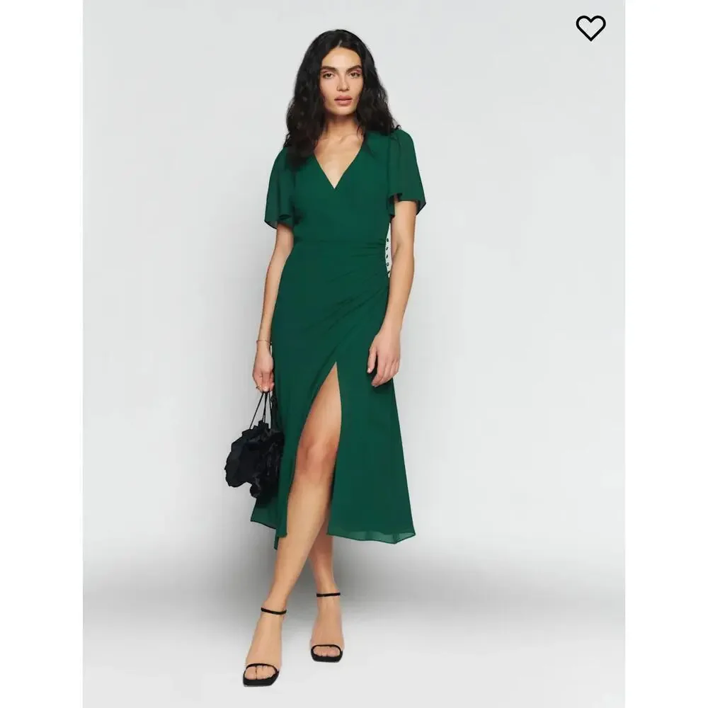 NWT Reformation Breanna Gathered Waist V Neck Flowy Dress in Emerald Green Sz 0 - Picture 1 of 6